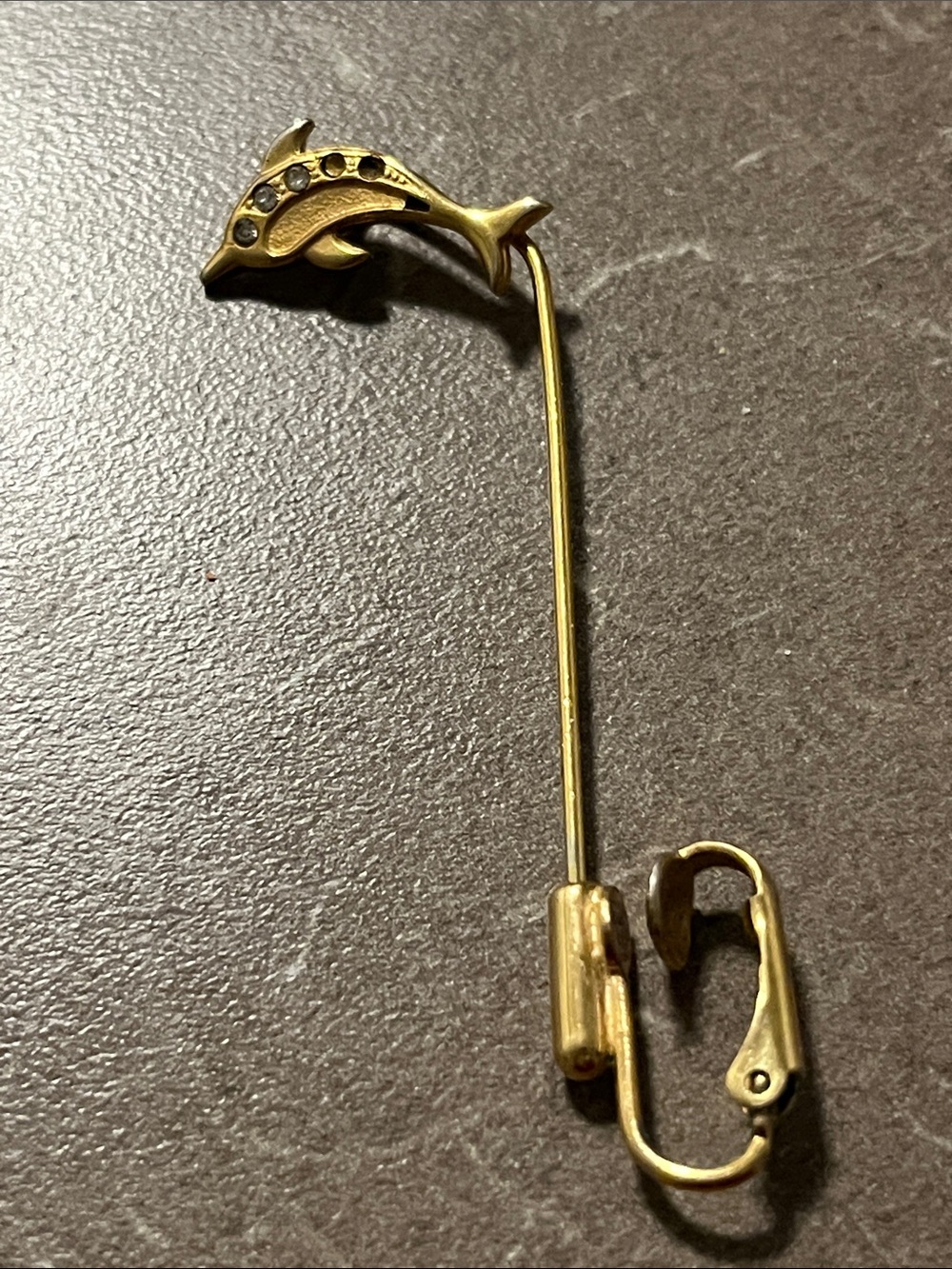 Gold Tone Dolphin Stick Pin with Rhinestones- missing two stones as is